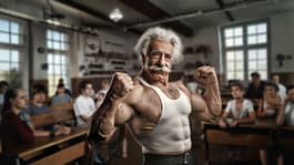 Albert Einstein flexing his muscles in class.