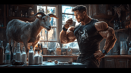 A muscular man drinks goat milk while a goat looks on.