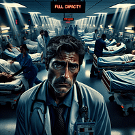 Overwhelmed hospital emergency room at night with exhausted doctors, packed beds, flashing "FULL CAPACITY" monitor, and paramedics rushing an unconscious patient past.