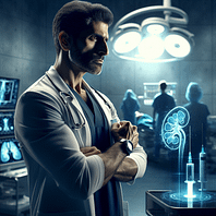 A determined male doctor stands in a futuristic lab, illuminated by a glowing holographic kidney as he examines dissolving cancer cells, symbolizing a breakthrough in medicine.