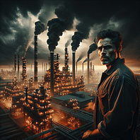 A lone worker surveys a sprawling industrial complex at night, engulfed in thick smoke from towering smokestacks, symbolizing the power and environmental cost of heavy industry.