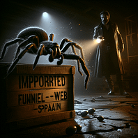 A massive Spanish funnel-web spider perches menacingly on a wooden crate labeled "Imported Olives – Spain" in a dimly lit warehouse, its fangs glistening ominously.