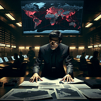 A military strategist studies classified documents in a dimly lit bunker, surrounded by nuclear facility maps, encrypted data, and a glowing world map of stockpiles.