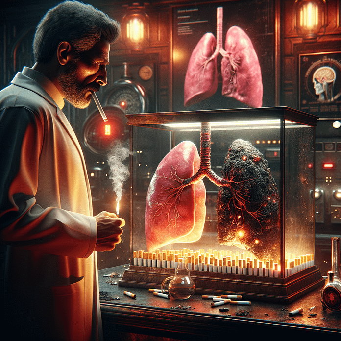 A cinematic lab scene showcasing healthy and damaged lungs, with cigarette smoke swirling and a researcher observing grimly, highlighting smoking's devastating impact on health.