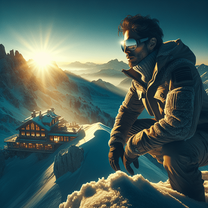 A rugged man in his late 30s atop a snow-dusted mountain in Park City, Utah, at sunrise, gazing over pristine slopes with a ski lodge below.