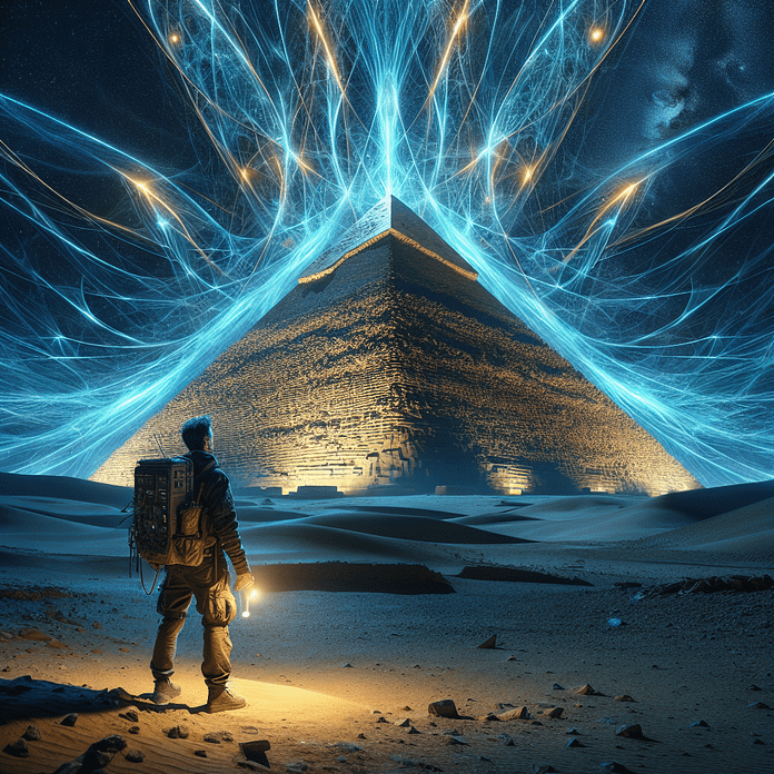 Mysterious Electromagnetic Energy Pulses from the Great Pyramid of Giza A cinematic night view of the Great Pyramid of Giza glowing with intense blue and gold energy, as an explorer studies the phenomenon with a high-tech scanner.
