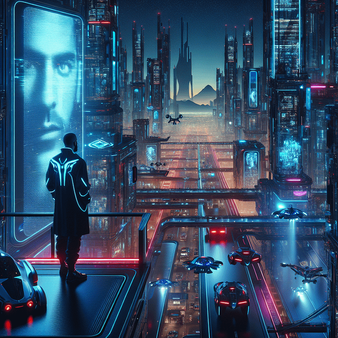 A futuristic night view of Woven City, Japan, bathed in neon blue and red lights, featuring smart buildings, autonomous vehicles, drones, and a lone observer overlooking the tech utopia.