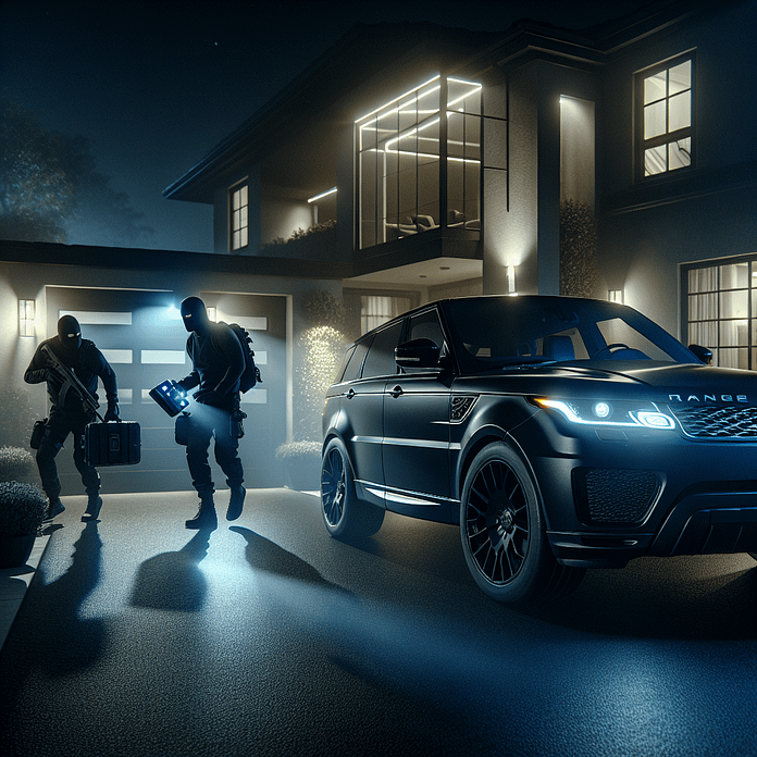 High-tech car theft scene showing masked thieves stealing a $227,000 Range Rover at night in an upscale suburban neighborhood with cinematic lighting.