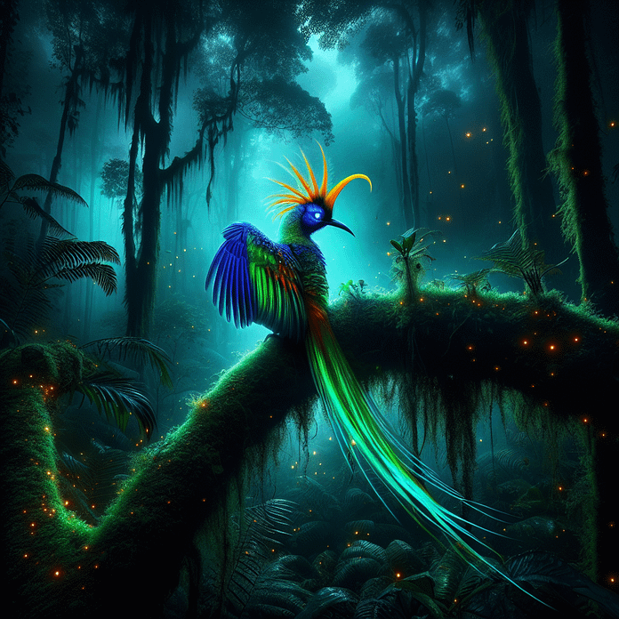 Biofluorescent Bird of Paradise Shimmers in the Night Jungle A male bird of paradise glows in neon greens and electric blues under ultraviolet light, perched on a mossy branch in a misty rainforest at night.