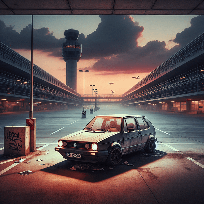 A dusty, abandoned Volkswagen Golf in Berlin airport's short-term parking lot under twilight skies, highlighting its neglect amid a bustling urban backdrop.