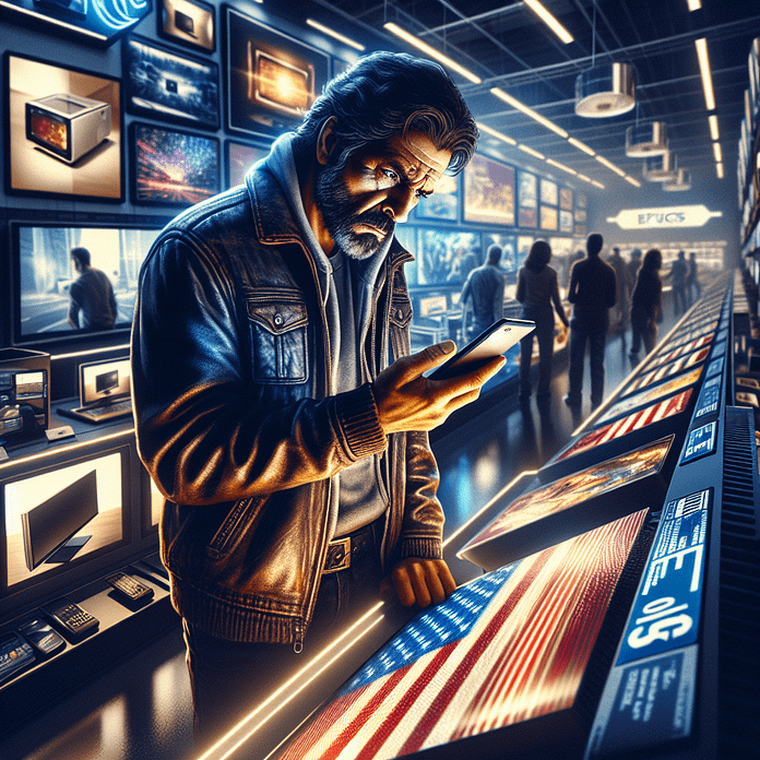 A man in a leather jacket examines a smartphone price tag in a moody electronics store, with an American flag and barcode overlay symbolizing consumer strain.