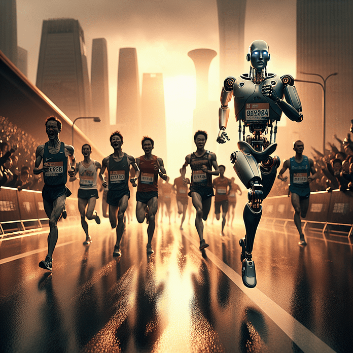 A dramatic race at dawn in Beijing where human runners and humanoid robots sprint side by side through the city streets, backed by cheering crowds.