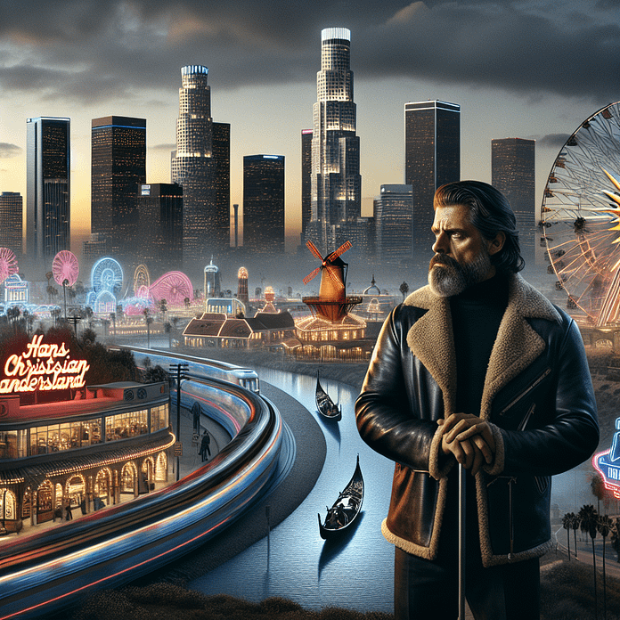 A rugged man gazes over a transformed Los Angeles skyline, now featuring Danish windmills, Viking longboats, and a neon "Hans Christian Andersenland" sign at twilight.