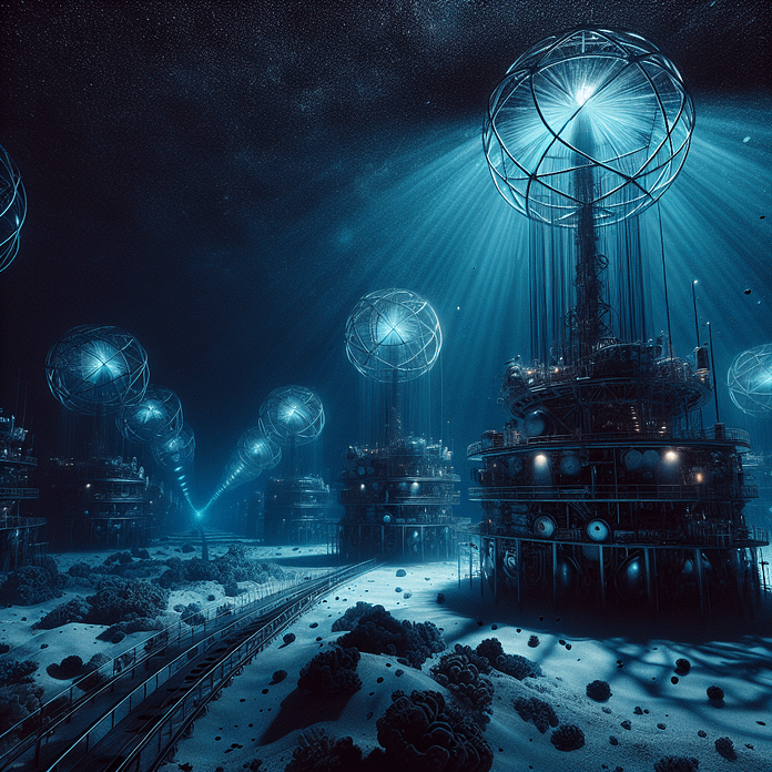 A deep-sea neutrino observatory beneath the Mediterranean glows with eerie blue light as a high-energy cosmic neutrino collides, illuminating towering futuristic sensor arrays.