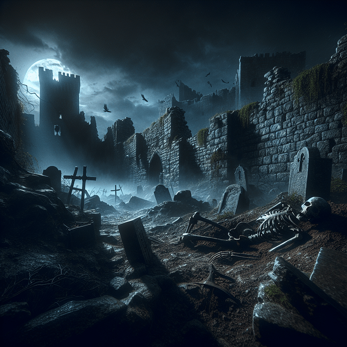 A haunting medieval fortress at night, where a headless skeleton lies half-buried among broken tombstones and creeping mist, evoking eerie vampire folklore.