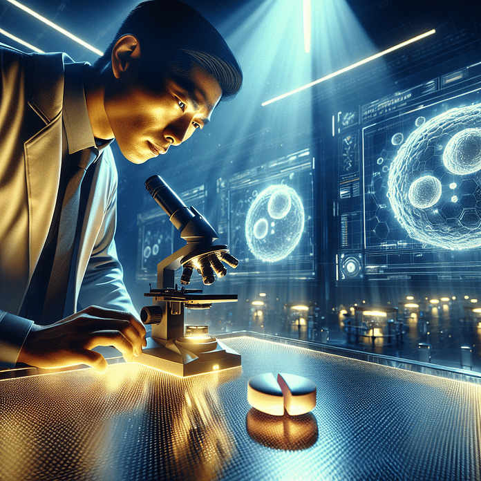 A scientist in a high-tech lab intensely studies a futuristic microscope, illuminated by dramatic lighting. A single aspirin tablet glows on a stainless steel surface, symbolizing medical discovery.