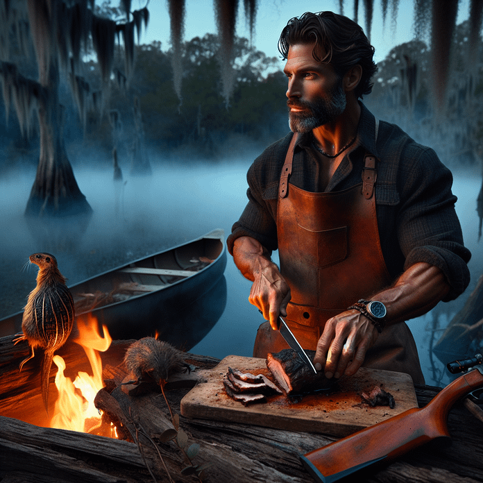 A rugged outdoorsman prepares a fire-seared cut of nutria meat in a misty Louisiana swamp, determined to turn this invasive species into a gourmet meal.