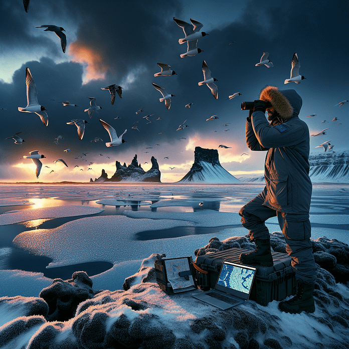 A scientist in a heavy parka scans a frozen Icelandic lake with binoculars at dusk, tracking gulls against a stormy sky for avian flu research.